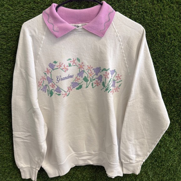 Vintage Lee Grandma Sweatshirt Collared Crewneck Floral Embroidered White XL - Picture 1 of 5